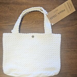 Paula Coles Haiti White Woven Cotton Tote + Pouch NWT 16.5 x 11